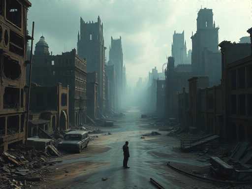 The image depicts a desolate cityscape with buildings in ruins and debris scattered throughout the scene. The perspective is from ground level, looking up at the towering structures that dominate the skyline. A lone figure stands on the street corner amidst the rubble, adding a sense of solitude to the scene.