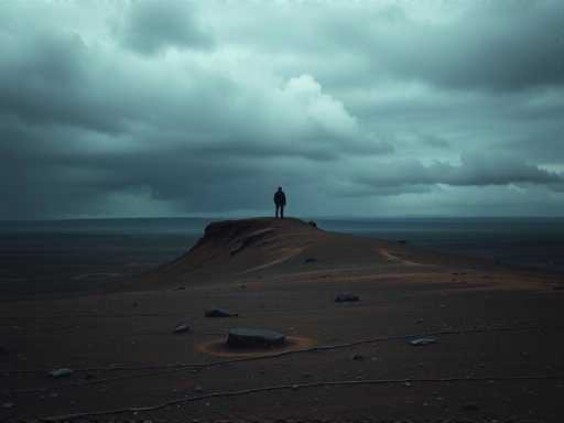 In this evocative image, a lone figure stands atop a small hill or mound, gazing out over a vast, barren landscape. The scene is shrouded in a somber atmosphere, with the sky dominated by dark, brooding clouds that hint at an impending storm. The ground below is a mix of dirt and scattered rocks, devoid of any vegetation, adding to the desolate feel of the environment. The overall color palette is muted, with shades of gray and brown predominate, enhancing the melancholic mood. The solitary figure, dressed in dark clothing, stands in stark contrast to the expansive, empty surroundings, emphasizing a sense of isolation and contemplation.