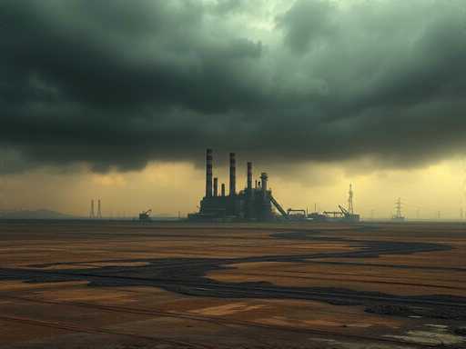 A desolate, expansive landscape dominates the scene. A colossal, industrial structure stands in the distance under a heavy, overcast sky. The composition emphasizes vastness and isolation with a muted color palette, creating a stark, atmospheric mood.