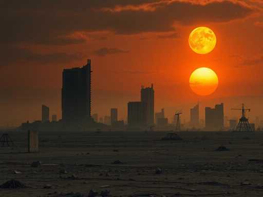 The image depicts a city skyline at sunset with two large suns positioned on either side of the frame. The sky is painted in shades of orange and red, creating a warm glow over the scene. In the foreground, there are buildings that appear to be under construction or abandoned, suggesting an urban setting. The perspective of the photo is taken from below, looking up at the towering structures against the backdrop of the sunset.