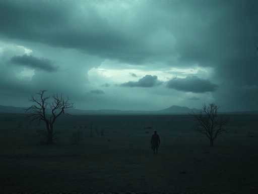 In this evocative image, a solitary figure stands in the midst of a vast, barren landscape, their silhouette stark against the dim light. The scene is shrouded in darkness, with only a faint glow from the sky piercing through the gloom. The ground is a flat expanse of dirt, devoid of any vegetation, emphasizing the desolation of the setting. 

To the left of the figure, a leafless tree stands sentinel, its bare branches reaching towards the sky. On the right, another tree mirrors this desolate beauty, equally devoid of leaves. In the background, a range of mountains stretches across the horizon, their silhouettes barely visible in the distance. The sky above is filled with dark, ominous clouds, adding to the overall somber mood of the scene. The image captures a moment of solitude and introspection, set against the backdrop of nature's stark beauty.