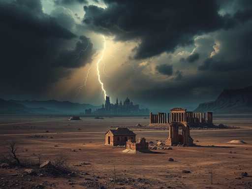 The image depicts a dramatic and ominous scene of a desert landscape under a tumultuous sky. Dark, menacing clouds dominate the upper portion of the image, with a single, powerful lightning bolt striking down from the center, illuminating the entire scene. The lightning bolt appears to target a distant city, which features a mix of tall buildings and domed structures, reminiscent of a Middle Eastern skyline. In the foreground, the desert floor is strewn with rubble, including broken bricks and stones, suggesting recent destruction. To the right, there are remnants of what appears to be a once-grand coliseum or temple, now reduced to a partially collapsed structure with some columns still standing. Nearby, a small, dilapidated house with a thatched roof sits in disrepair. The overall atmosphere is one of desolation and impending doom, with the dark clouds and the single, fierce lightning bolt creating a sense of impending catastrophe.