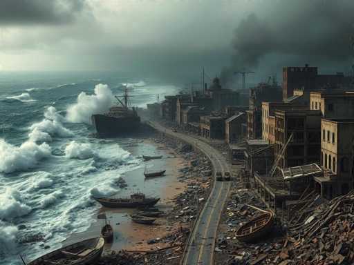The image depicts a post-apocalyptic cityscape ravaged by a natural disaster. On the left side, a tumultuous ocean with crashing waves dominates the scene, its dark blue waters interspersed with white foam. A large ship is stranded on the shore, surrounded by smaller boats that have been pushed ashore by the powerful waves. The beach is strewn with debris, including broken wooden planks and other remnants of destruction.

The city itself is in a state of ruin. The streets are littered with rubble and abandoned vehicles, including two cars stuck in the debris. The buildings lining the streets are heavily damaged, with some partially collapsed and others missing entire sections of their walls. The overall atmosphere is dark and foreboding, with thick clouds looming overhead and a layer of smoke rising from the city's center, adding to the sense of devastation.