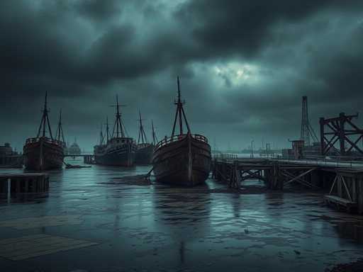 The image depicts a dark, stormy night at a bustling harbor. The sky is filled with ominous, dark gray clouds, with a small patch of light breaking through near the center. The water below is murky and dark, reflecting the gloomy atmosphere above. In the foreground, several old wooden ships are docked, their masts and rigging silhouetted against the dim light. The ships are moored to a wooden pier that extends from the right side of the image, with additional piers visible in the background. The scene is devoid of people, adding to the eerie and deserted feel of the harbor. The overall color palette consists of deep blues, grays, and blacks, enhancing the moody and somber ambiance of the photograph.