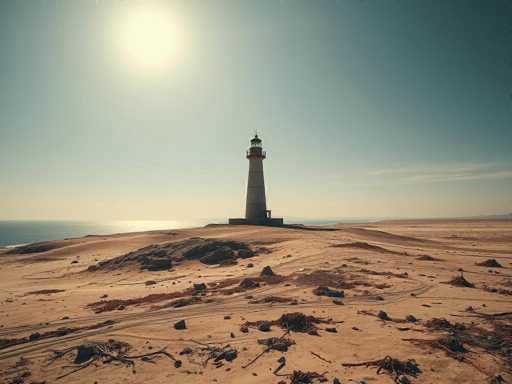 A solitary lighthouse stands majestically on a desolate beach, its white structure contrasting sharply against the vast expanse of sand. The beach is strewn with seaweed, driftwood, and scattered rocks, creating a rugged and untamed landscape. The sky above is a clear blue, with the sun shining brightly, casting a warm glow over the scene. To the left, the ocean stretches out to meet the horizon, its waves gently lapping at the shore. The lighthouse, perched on a small hill, features a pointed top and a circular railing around its upper section. Its door is situated at the base, leading down to a sturdy foundation. The entire scene exudes a sense of isolation and tranquility, with no signs of human presence other than the lighthouse itself.