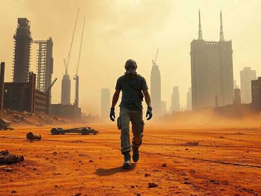 In this detailed, computer-generated image, a man is depicted walking towards the viewer through a desolate, post-apocalyptic landscape. The ground beneath him is a barren expanse of red clay and dirt, devoid of any vegetation. He is dressed in a blue t-shirt, khaki pants, and black boots, with a gas mask covering his face. A backpack is slung over his shoulders, and he wears black gloves. His shadow is cast on the ground, indicating that the light source is coming from behind him.

To his left, a partially destroyed building stands, with its roof missing and debris scattered around. In front of this building, a large, broken crane lies on the ground. The background reveals a cityscape shrouded in dust and fog, with several skyscrapers and high-rise buildings. Some of these buildings are under construction, evidenced by the presence of cranes and scaffolding. The sky above is a murky, smoky gray, adding to the overall desolate and dystopian atmosphere of the scene.