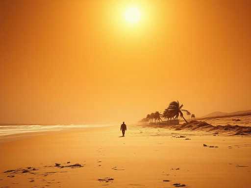 A person is walking on a beach at sunset, with palm trees and the ocean visible in the background.