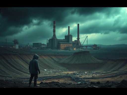 A person wearing a black hoodie and blue jeans stands on a rocky outcropping overlooking an industrial landscape. The sky is filled with dark clouds, creating a dramatic backdrop for the scene. In the distance, there are several large buildings, including a factory with smokestacks that rise high into the sky.