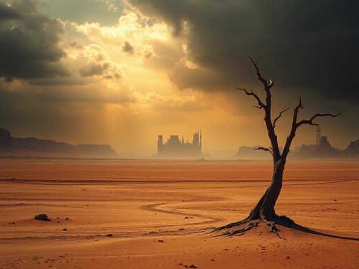A desolate, post-apocalyptic desert landscape dominates the scene. A lone, skeletal tree stands starkly in the foreground, its twisted branches reaching towards a dark, ominous sky. In the distance, a ruined cityscape rises from the horizon, shrouded in a hazy, muted light. The overall style is hyper-realistic and evocative, emphasizing the vast emptiness and desolate beauty of this ruined world.