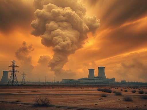 The image depicts a vast, arid landscape dominated by a large industrial facility, likely a nuclear power plant. The foreground features a barren, desert-like terrain with sparse vegetation, including small bushes and patches of grass. Prominent in the scene are two massive smokestacks or cooling towers, accompanied by a large rectangular building, presumably the main facility. To the left of the building, a series of high-voltage power lines stretch across the landscape, supported by towering metal structures. The sky is a striking blend of orange and yellow hues, suggesting either a sunrise or sunset, with a large plume of smoke rising from the facility, adding to the dramatic atmosphere. The overall color palette of the image is dominated by earthy tones, including shades of brown, orange, and yellow, with the smoke providing a stark contrast. The scene is devoid of any human presence, emphasizing the isolation and scale of the industrial installation against the vast, empty desert.
