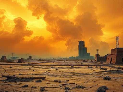 The image depicts a desolate, post-apocalyptic landscape that appears to be the result of a catastrophic event, possibly a nuclear war or an environmental disaster. The sky is dominated by a massive, billowing cloud of smoke that transitions from a bright yellow at the center to a deep orange at the edges, casting an eerie glow over the entire scene. The ground is barren and covered in dirt, with scattered debris including sticks, twigs, and rocks. In the background, a few tall buildings stand, one of which appears to be under construction, with visible steel beams. Additionally, there are several smaller structures, possibly tents or temporary shelters, and a few towers that might be used for broadcasting or surveillance. The overall atmosphere is bleak and foreboding, with no signs of life or activity, emphasizing the desolation and abandonment of the area.