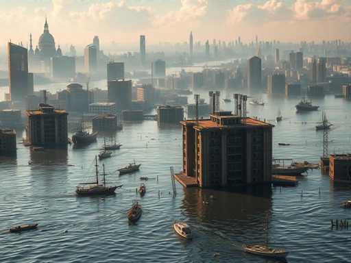 The image depicts a dramatic scene of a flooded cityscape, likely New York City, with numerous skyscrapers and buildings submerged in water. The sky is a light blue with scattered white clouds, and the water appears to be rising, submerging the lower floors of the buildings. In the foreground, several boats are visible, navigating through the water-filled streets. The overall atmosphere is hazy, with a pinkish hue in the sky, adding to the surreal and chaotic nature of the scene. The image is square-shaped and captures the extensive flooding that has turned the city into a waterway, with boats and ships navigating through the urban landscape.