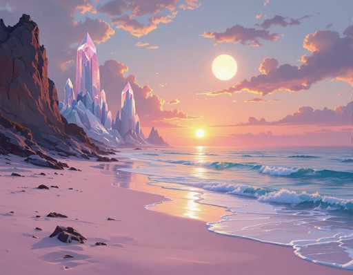 A serene, dreamlike beach scene unfolds under a vibrant sunset. Towering, crystalline rock formations stand dramatically against a pastel sky, their sharp peaks reflecting the warm light. Gentle waves lap at a pink sand beach, creating a tranquil atmosphere. The art style is digital painting, emphasizing soft gradients and ethereal lighting.