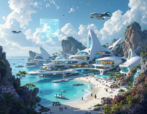 The image depicts a futuristic beach resort with modern buildings and boats. The resort is situated on an island, surrounded by water and featuring palm trees in the foreground. Several people can be seen enjoying their time at the resort, some of them standing near the water's edge or walking along the shoreline. 

In addition to the main resort area, there are multiple smaller buildings scattered throughout the scene, likely providing various amenities for guests. The boats present on the island and in the water add a sense of leisure and relaxation to the overall atmosphere of the image.