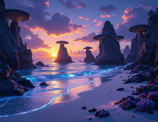 This image depicts a surreal, computer-generated beach scene at sunset. The sky is a mesmerizing blend of blue, purple, and pink hues, with clouds tinged in pink and orange from the setting sun. The beach itself is a light gray color, dotted with various rocks and vibrant purple flowers. The water, reflecting the sunset's colors, appears to glow with a neon blue and purple light, creating an ethereal effect. 

In the background, several rock formations rise from the water, some resembling mushroom caps or tree-like structures. These formations vary in size, with some appearing as small rocks and others towering like mountains. The entire scene is bathed in a soft, dreamlike light, with the water reflecting the sky's colors and the rocks glowing faintly. The overall atmosphere is one of tranquility and otherworldly beauty, with no people or text present in the image.