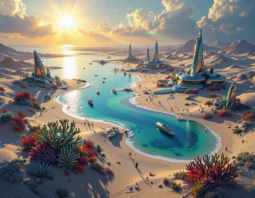 A vibrant, futuristic desert oasis unfolds under a warm sunset. Gleaming, organically-shaped structures nestle amidst lush, colorful desert flora, reflecting in the turquoise water of a calm bay. People stroll along pristine beaches and boats dot the water, all bathed in a soft, golden light. The art style is a blend of digital painting and photorealism, emphasizing a serene, otherworldly atmosphere.