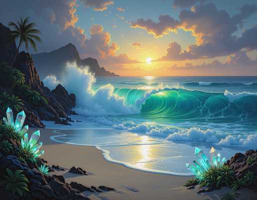 This digital illustration depicts a serene beach scene at sunset. The sky is a blend of blue and gray hues, adorned with clouds that are tinged with orange and yellow from the setting sun. The sun itself is a bright yellow orb, casting a warm glow over the landscape. Below, the ocean stretches out with large, greenish-blue waves crashing onto the shore, creating white foam as they break. The beach is a light brown color, and on either side of the image, there are rocky outcroppings. The left side features a palm tree and some greenery, while the right side showcases a cluster of large, light blue crystals emerging from the sand. The overall atmosphere is tranquil and picturesque, capturing the beauty of nature at dusk.