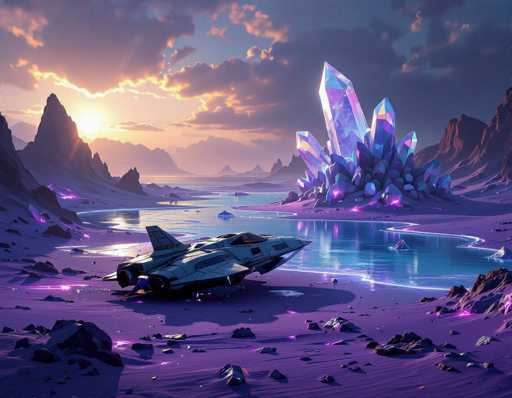 A futuristic, alien landscape unfolds under a vibrant sunset. A sleek, dark spaceship rests on a purple, crystalline-strewn ground near a glowing blue lake. Towering purple mountains and large, luminous crystals dominate the background, bathed in soft, ethereal light. The art style is digital painting with a focus on vibrant colors and otherworldly textures.