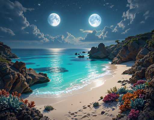 This captivating image depicts a serene beach scene under a night sky. The beach, with its pristine white sand, stretches out towards the tranquil ocean, which is a mesmerizing blend of light blue and turquoise hues. The water gently laps against the shore, creating a soothing rhythm. On either side of the beach, rocky outcrops rise, adorned with vibrant greenery and colorful flowers in shades of orange, pink, and purple. The night sky above is a deep, dark blue, dotted with stars, and features two full moons positioned on the left and right sides of the image, adding a mystical touch to the scene. The overall composition exudes a sense of peace and natural beauty, making it a truly enchanting view.