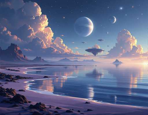 A breathtaking, panoramic view of a serene alien beach at twilight. The scene is dominated by a vast, calm body of water reflecting the vibrant sky and distant celestial bodies. The beach is a soft, lavender-colored sand with scattered dark rocks. 

In the distance, towering, jagged mountains rise towards a sky filled with swirling, pastel-colored clouds. Several large, glowing planets hang in the twilight sky, casting a soft, ethereal light on the scene. 

A few sleek, saucer-shaped spacecraft float gracefully in the sky, adding to the otherworldly atmosphere. The overall mood is one of tranquility and wonder, with a sense of vastness and peaceful solitude.