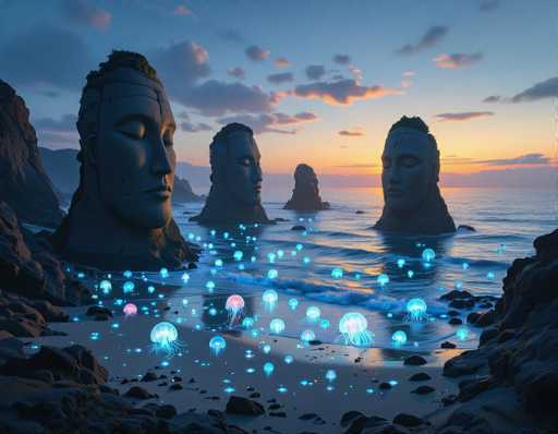 This captivating image, likely AI-generated, depicts a surreal and enchanting scene at dusk. The sky is a mesmerizing blend of blue, orange, and yellow hues, with clouds tinged in pink and purple, suggesting the sun is setting. The foreground features a beach with dark, almost black sand, scattered with large, ancient-looking stone heads emerging from the water. These heads, reminiscent of Easter Island statues, have closed eyes, serene expressions, and some display cracks or markings on their foreheads. The water is filled with glowing jellyfish of various sizes, predominantly blue with a few pink ones, adding to the ethereal atmosphere. The overall composition is dark and moody, with the beach and water appearing almost black, enhancing the mystical and otherworldly feel of the scene.