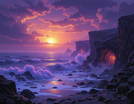 This image is a detailed, computer-generated illustration of a dramatic sunset over a rocky beach. The sky is filled with dark, purple clouds, illuminated by the sun's orange and yellow hues, creating a striking contrast. The sun is positioned just above the horizon, casting a warm glow over the scene. Below, the ocean waves crash against the shore, sending sprays of water into the air. The beach itself is littered with numerous rocks, and on the right side of the image, there are two prominent rock formations with large archways. These archways emit a fiery orange light, adding an element of mystery and warmth to the otherwise cool-toned scene. The overall composition is a harmonious blend of natural elements and digital artistry, capturing the serene yet powerful beauty of a sunset by the sea.