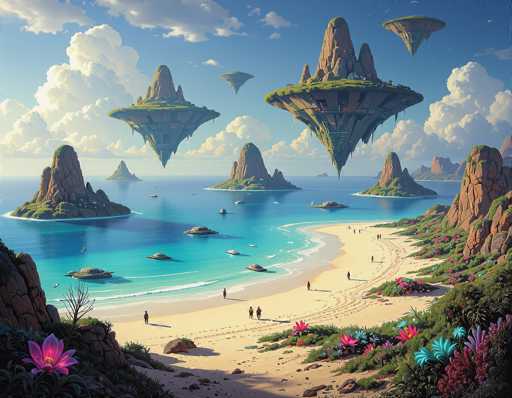 This vibrant, computer-generated image depicts a fantastical beach scene with a surreal twist. The foreground features a sandy shoreline adorned with lush green grass and an array of colorful flowers, including pink, blue, and purple blooms. The beach is dotted with people leisurely walking along the shore and enjoying the serene environment. 

To the left, a prominent rock formation stands tall, while the right side of the image showcases a hillside rich with vegetation. The ocean is a striking turquoise blue, dotted with several small islands and rock formations. Adding to the dreamlike quality of the scene, some of these rock formations appear to be floating, defying gravity. 

In the background, the sky is a brilliant blue, filled with fluffy white clouds, enhancing the overall sense of tranquility and wonder. The image is devoid of any text, allowing the viewer to fully immerse themselves in this enchanting, otherworldly landscape.