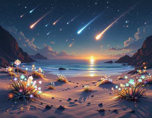 This is a detailed, computer-generated image of a fantastical beach scene at night. The foreground features a sandy shore adorned with vibrant, neon-colored plants that resemble sea anemones, each topped with glowing crystals in shades of green, pink, and blue. These plants are scattered across the sand, creating a magical ambiance. The beach is framed by rocky cliffs on both the left and right sides, adding to the dramatic landscape.

In the middle of the image, the ocean stretches out, its surface reflecting the warm hues of a setting sun. The sky above is a deep blue, dotted with numerous stars and shooting comets that streak across the scene, adding a sense of wonder and motion. The sunset casts a golden glow over the entire landscape, enhancing the ethereal quality of the image. The overall composition is a harmonious blend of natural and fantastical elements, creating a captivating and otherworldly beach vista.