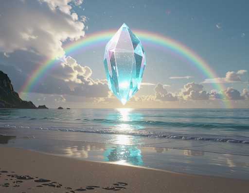 This image depicts a serene beach scene with a calm ocean and a sandy shore. The water is gently lapping at the shore, creating a tranquil atmosphere. In the distance, a mountain range rises on the left side of the image, adding depth to the landscape. The sky is adorned with fluffy clouds, and a vibrant rainbow arches across it, adding a touch of magic to the scene. At the center of the image, a large, glowing crystal or diamond floats in the air, casting a rainbow-like reflection on the water below. The crystal appears to be emitting light, creating a mesmerizing effect. The overall composition is a blend of natural beauty and surreal elements, making it a captivating and dreamlike visual experience.