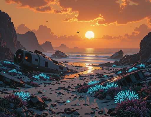 The image depicts a surreal, computer-generated scene of a beach at sunset. The sky is a gradient of orange hues, with the sun partially obscured by clouds, casting a warm glow over the landscape. The beach itself is a mix of sand and scattered rocks, with a peculiar blue light emanating from the ground. This light appears to be coming from an unusual source, possibly resembling a sea creature or a glowing plant. 

In the background, the ocean stretches out, with waves gently lapping at the shore. The most striking feature of the image is the presence of several metallic objects that seem to have crash-landed on the beach. These objects, which could be parts of a spacecraft or advanced technology, are scattered across the sand. One of these objects is particularly noticeable, with a large hole in its side, suggesting it might have been damaged by impact. The overall scene is both mysterious and otherworldly, blending elements of natural beauty with an enigmatic, futuristic twist.