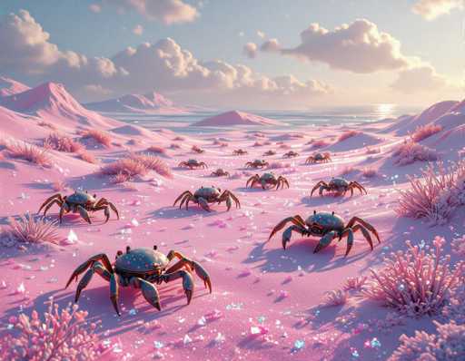 The image depicts a surreal, computer-generated landscape featuring a pink-hued sandy terrain dotted with small dunes and sand mounds. The sky above is a light blue, adorned with fluffy white clouds that have subtle pink tints, suggesting a sunrise or sunset. Scattered across the sand are various pink plants, some resembling cacti, adding to the otherworldly ambiance. The focal point of the image is a group of large, metallic-looking crabs with blue and pink accents. These crabs, which appear to be about the size of a human hand, are positioned in the foreground, with smaller ones trailing behind them. The crabs have a distinct, almost robotic appearance, with round bodies and eight legs, and they seem to be walking towards the viewer. The entire scene is bathed in a soft, pink light, enhancing the dreamlike quality of this fantastical environment.