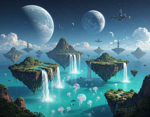 The image depicts a fantastical, serene scene of floating islands in a vibrant turquoise ocean under a starlit sky. The main elements are lush, verdant islands with cascading waterfalls, connected by glowing bridges. Two large, partially visible moons dominate the sky, casting a soft glow on the scene. Several futuristic, sleek spacecraft float in the distance, adding to the otherworldly atmosphere. The art style is a blend of digital painting and science fiction illustration, emphasizing a dreamlike, peaceful, and slightly ethereal quality.
