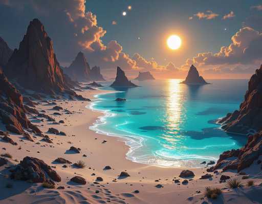 A serene, alien beach scene unfolds under a vibrant sunset. Towering, jagged rock formations frame a tranquil turquoise sea with gentle waves lapping at the shore. The sky is a blend of warm oranges and soft blues, with wispy clouds adding depth. A single sun hangs low on the horizon, casting a golden glow and reflecting on the water's surface. The overall style is digital art, emphasizing a dreamlike, otherworldly atmosphere with a focus on dramatic lighting and textures.