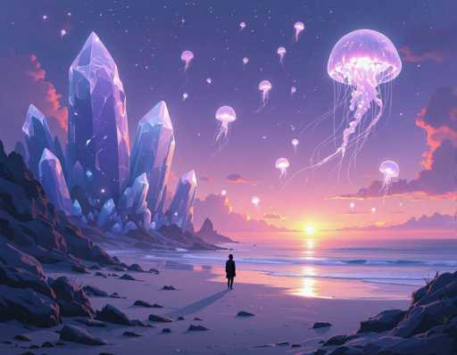 The image depicts a surreal, computer-generated scene set on a beach at sunset. The sky is a mesmerizing blend of purple, pink, and blue hues, dotted with stars and wispy clouds tinged with pink. Dominating the sky are numerous glowing jellyfish, their translucent bodies illuminated from within, casting a magical glow over the scene. The beach itself is sandy, with gentle waves lapping at the shore. On the left side of the image, a striking formation of large, crystal-like structures or mountains rises from the ground, adding to the fantastical atmosphere. In the center of the beach stands a solitary figure, their back turned to the viewer, gazing out at the horizon. The overall composition evokes a sense of wonder and tranquility, blending natural elements with imaginative touches.