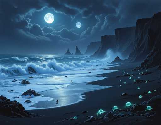 This captivating nighttime beach scene is rendered in a dark blue hue, creating an ethereal atmosphere. The sky is filled with clouds, partially obscuring two moons—one large and prominent, the other smaller and more distant. The moonlight casts a shimmering glow on the ocean waves as they crash against the shore, creating white foam. The beach itself is dotted with rocks, some of which are illuminated by a mysterious green light, adding an otherworldly touch to the landscape. In the background, towering cliffs rise up, completing this serene yet surreal coastal vista.