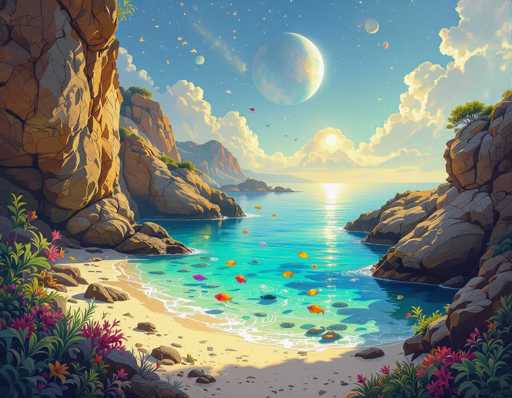 This vibrant, computer-generated image depicts a fantastical beach scene that blends elements of both day and night. The foreground features a sandy beach adorned with colorful flowers in shades of pink, orange, and yellow, situated in the bottom left and right corners. The beach is flanked by large, brown rock formations that extend into the water, creating a natural archway. The water itself is a striking turquoise blue, teeming with tropical fish in hues of orange, yellow, purple, and pink, swimming near the shore.

The sky above is a mesmerizing mix of day and night elements. It is a bright blue, dotted with fluffy white clouds, and features a radiant sun positioned just above the horizon. However, the sky also contains stars and multiple celestial bodies, including a prominent moon and several planets, adding to the surreal atmosphere. The overall scene is bathed in a soft, yellowish glow, enhancing the dreamlike quality of this enchanting landscape.