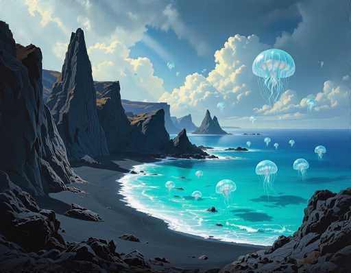 A serene, fantastical seascape unfolds with towering, dark, jagged cliffs framing a vibrant turquoise beach. Numerous translucent jellyfish float in the sparkling water, some near the shore and others drifting further out. The sky is a mix of bright blue and fluffy white clouds, with sunlight breaking through. The art style leans towards a digital painting aesthetic, emphasizing soft lighting and a dreamlike atmosphere.
