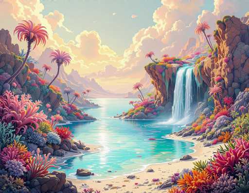 A vibrant, dreamlike landscape unfolds with a turquoise waterfall cascading into a serene, glowing blue lagoon. Lush, fantastical flora in shades of pink and purple adorn the cliffs, while palm trees dot the scene. The sky is a soft blend of pastel oranges and pinks with fluffy clouds, creating a tranquil, otherworldly atmosphere. The art style is highly detailed and painterly, reminiscent of a digital illustration with a focus on soft gradients and intricate textures.