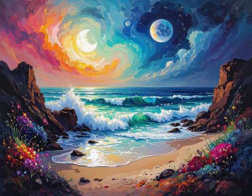 This vibrant, dreamlike painting depicts a fantastical beach scene. The main elements are swirling, colorful skies with a crescent moon and a full moon, crashing turquoise waves, and rugged, fantastical rock formations framing a sandy shore dotted with vibrant flowers. The art style is highly stylized and painterly, emphasizing bold colors and dynamic brushstrokes to create a surreal, otherworldly atmosphere.