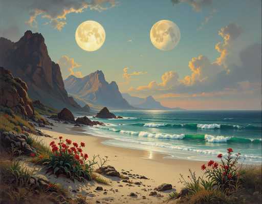 This captivating painting depicts a serene beach scene at sunset, characterized by its soft, muted colors and dreamlike quality. The sky is a blend of light blue and gray, adorned with clouds that have a pinkish-orange hue, suggesting the sun has just set. Two full moons hang in the sky, adding a surreal touch to the scene. The beach itself is sandy, with gentle waves lapping at the shore. On the left side of the image, a rocky hillside or mountain rises, while the right side features the expansive ocean. In the foreground, vibrant red flowers with green leaves add a pop of color to the tranquil setting. The overall composition evokes a sense of peace and wonder, capturing the beauty of nature in a unique and enchanting way.
