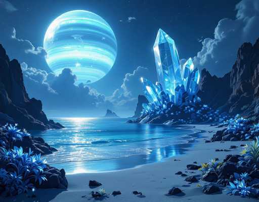 This digital artwork depicts a serene, otherworldly beach scene dominated by shades of blue and white. The foreground features a sandy shore interspersed with black rocks and vibrant blue flowers. To the right, a cluster of large, glowing blue crystals emerges from the sand, their light reflecting off the calm water. The beach curves gently to the right, bordered by rocky cliffs on either side. The water, a deep blue, stretches out to meet the horizon where more rocky outcrops are visible. Above, the sky is a gradient of dark to light blue, dotted with wispy clouds. A large, luminous planet with horizontal stripes of light blue, dark blue, and white hangs in the upper left corner, casting a soft glow over the entire scene. The overall atmosphere is tranquil and ethereal, with the glowing crystals adding a mystical touch to this alien landscape.