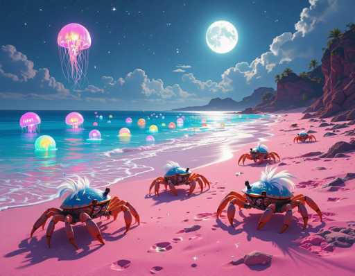 The image depicts a surreal, vibrant beach scene under a full moon. The main subjects are several crab-like creatures with glowing blue shells and fluffy white crests, seemingly walking on a pink sand beach. Colorful, bioluminescent jellyfish float in the turquoise water, and a few more are scattered on the sand. The overall art style is fantastical and dreamlike, with soft lighting and a pastel color palette creating a whimsical atmosphere.