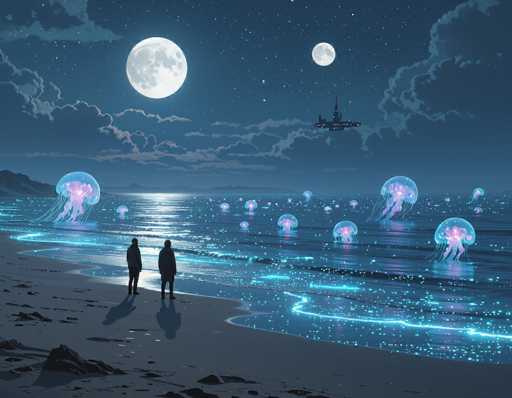 This captivating digital artwork depicts a serene nighttime beach scene. The sky is a deep, dark blue, adorned with wispy clouds and two luminous moons—one large and prominent, the other smaller and more distant. The moonlight casts a gentle glow over the tranquil water, which is dotted with glowing blue and pink jellyfish, their tentacles trailing behind them. The beach itself is a mix of sand and scattered rocks, with two silhouetted figures standing at the water's edge, gazing out at the mesmerizing scene before them. In the background, a mountain range looms, and a futuristic spaceship hovers in the sky, adding an element of mystery and wonder to the composition. The overall atmosphere is one of calm and enchantment, beautifully captured in this detailed and evocative piece.