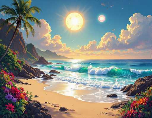 This image is a detailed digital painting of a serene tropical beach at sunset. The scene features a sandy shoreline with scattered rocks and vibrant tropical flowers in shades of red, purple, and yellow. A prominent palm tree stands on the left side of the image, adding to the tropical ambiance. The ocean, a striking blue with greenish hues, has gentle waves rolling towards the shore. In the background, a mountain range rises, with the closest mountain adorned with lush greenery and palm trees. The sky is a beautiful blend of blue and orange, with fluffy clouds illuminated by the setting sun. The sun itself is a bright yellow orb with radiant beams, accompanied by a smaller pinkish moon-like object. The overall composition captures the tranquil beauty of a tropical paradise, with a harmonious mix of natural elements and vivid colors.
