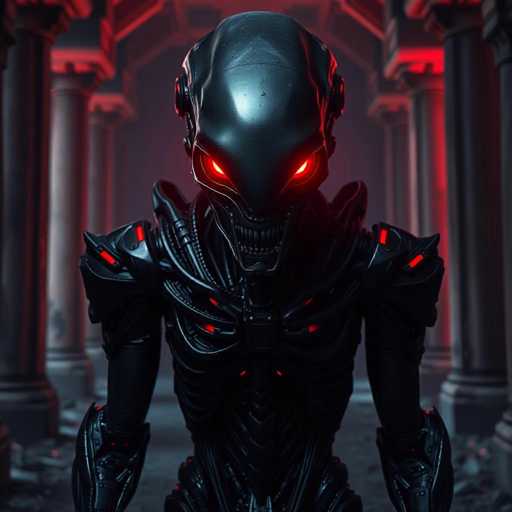 The image depicts a menacing, humanoid robot with a skeletal appearance, reminiscent of the alien from the movie "Aliens." The robot's head is elongated and pointed at the bottom, with a shiny black surface that reflects light. Its eyes are glowing red, and its mouth is wide open, revealing sharp, jagged teeth. The robot's body is predominantly black, adorned with red lights on its shoulders and chest, giving it a menacing, mechanical look. Its arms are also black, with red lights on the forearms. The robot stands in a grand, ancient-looking hall with tall, gray columns on either side, some illuminated by red light. The floor is gray, and the background is dark, enhancing the eerie atmosphere. The overall scene is dark and foreboding, with the robot appearing to be the focal point of this digital artwork.