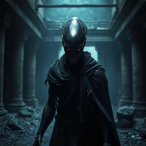 The image depicts a menacing alien creature standing in the middle of a dilapidated, ancient building. The alien has a metallic, silver head with a smooth, shiny surface and a distinctive shape that is rounded at the top and tapers down to a pointed chin. Its eyes are glowing red, adding to its sinister appearance, and it has a wide, menacing grin filled with sharp, white teeth. The creature is dressed in a black robe that covers its body, with a chain hanging from its right shoulder and another chain around its waist. The alien's right arm is visible, while the left arm is obscured by the robe. The building around the alien is in a state of disrepair, with debris scattered on the ground and large stone columns lining both sides of the hallway. The overall atmosphere is dark and eerie, with a bluish tint that enhances the unsettling mood of the scene.
