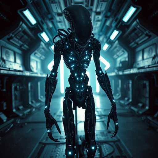 A towering, dark alien figure dominates a dimly lit, industrial space station. Its metallic body glows with glowing blue accents, and its large, multifaceted eyes pierce the viewer. The scene is stark and futuristic, with a cold, ominous atmosphere emphasized by the sharp, high-contrast lighting. The overall art style is distinctly sci-fi and cybernetic, creating a sense of otherworldly power and mystery.