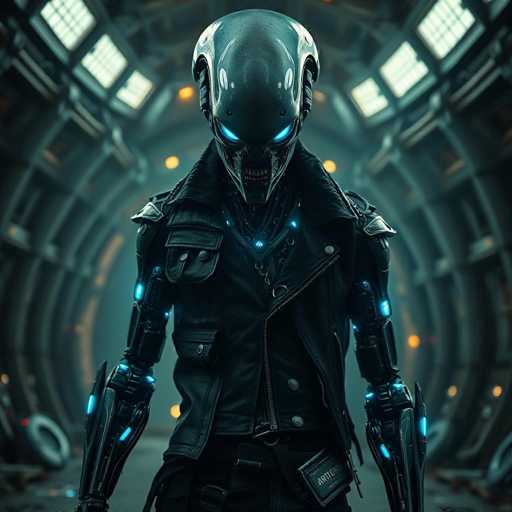 The image depicts a menacing, humanoid robot with a distinctly sinister appearance. Its head is elongated and narrow, with a pronounced, pointed chin and a flat top. The robot's eyes are glowing blue, adding to its eerie presence. Its mouth is wide open, revealing sharp, menacing teeth. The robot's arms are black and metallic, adorned with blue lights that enhance its intimidating look. It is dressed in a black leather jacket, which features a zipper running down the middle and a collar that extends up to its neck. The robot's hands are covered by black gloves, and a black belt with a silver buckle is fastened around its waist. Attached to the belt is a small black pouch, also illuminated with blue lights. The background suggests that the robot is situated in a tunnel, with a gray floor and walls that curve upward. The ceiling of the tunnel is lined with windows, allowing light to filter through and cast an eerie glow on the scene.