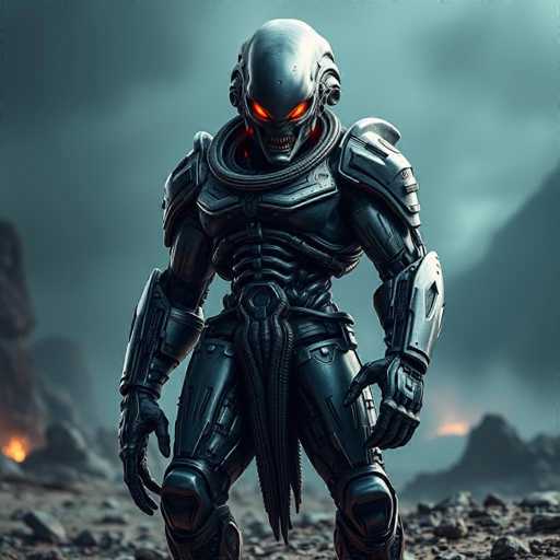 This image depicts a menacing alien creature, possibly an AI-generated or video game character. The alien stands on a barren, rocky terrain, with a dark, cloudy sky looming in the background. The creature's head is elongated and smooth, with two prominent ear-like structures on either side. Its glowing orange eyes and sharp, menacing teeth add to its terrifying appearance. The alien's body is covered in metallic armor, with a chest plate and a distinctive belt-like feature around its waist. Its arms are encased in metal gloves, and it wears knee pads for added protection. The overall scene is eerie and foreboding, with the alien seemingly poised for action in this desolate landscape.