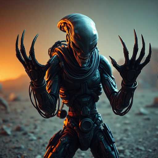 A menacing alien warrior stands in a desolate, post-apocalyptic landscape. The creature is clad in dark, metallic armor with razor-sharp claws and a glowing, alien visage. The scene is rendered in high-contrast lighting with a gritty, futuristic aesthetic, evoking a dark, war-torn battleground. The composition emphasizes the alien's imposing presence against the stark environment.